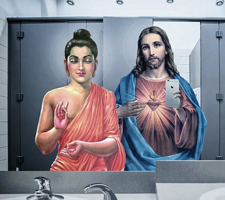 buddha and jesus bathroom selfie