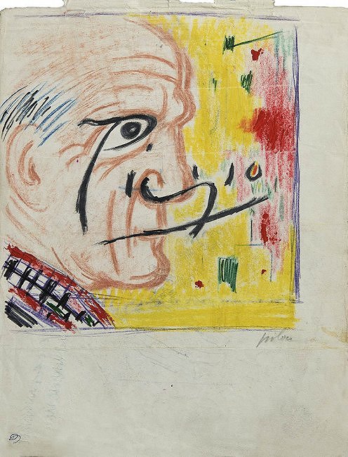 Ilustracija za avtobiografijo Na robu (Pablo Picasso), brez dat., barvni svinčniki, tempera, papir, 27,2 x 20,9 cm